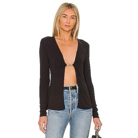 WeWoreWhat Flyaway Black Gold Clasp Buckle Open Long Sleeve Knit Cardigan Top M - Picture 1 of 8